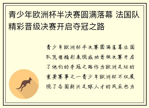 青少年欧洲杯半决赛圆满落幕 法国队精彩晋级决赛开启夺冠之路