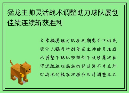 猛龙主帅灵活战术调整助力球队屡创佳绩连续斩获胜利
