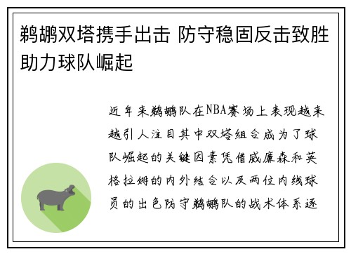 鹈鹕双塔携手出击 防守稳固反击致胜助力球队崛起